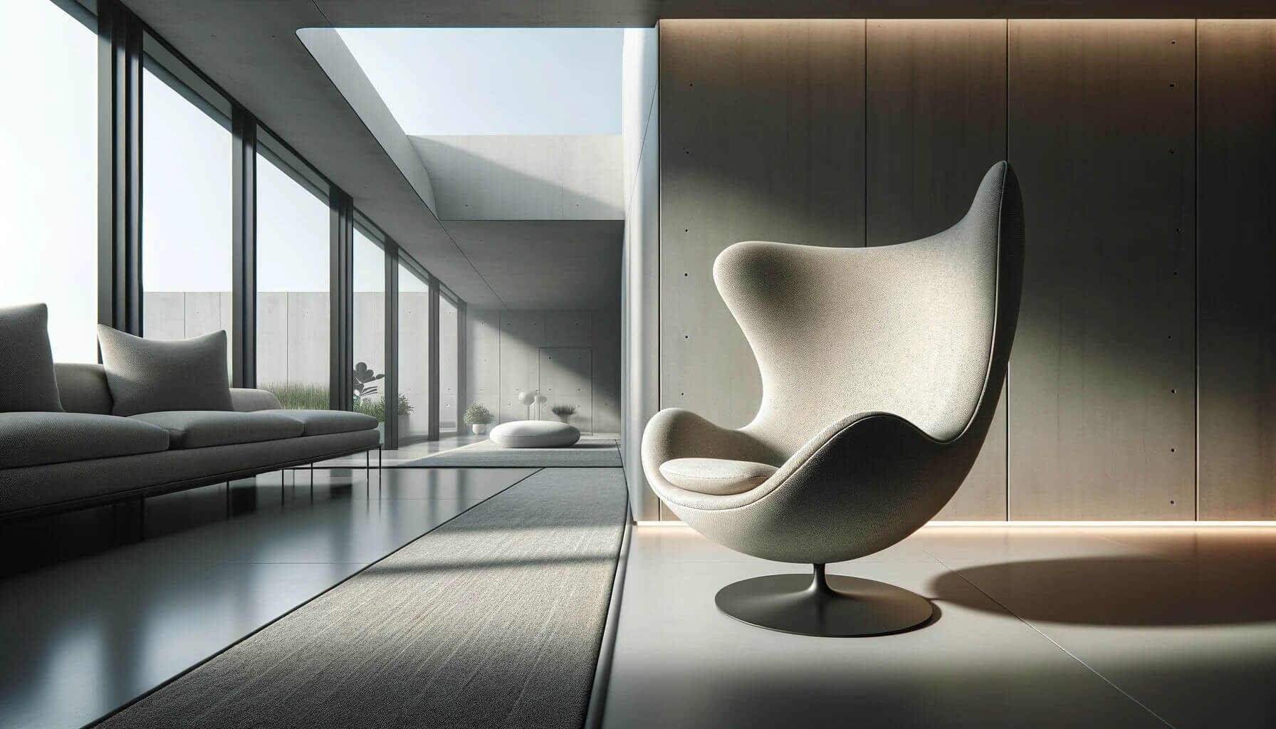 Nowoczesne wnętrze z minimalistycznym designem i fotel Arne Jacobsena Egg w centrum