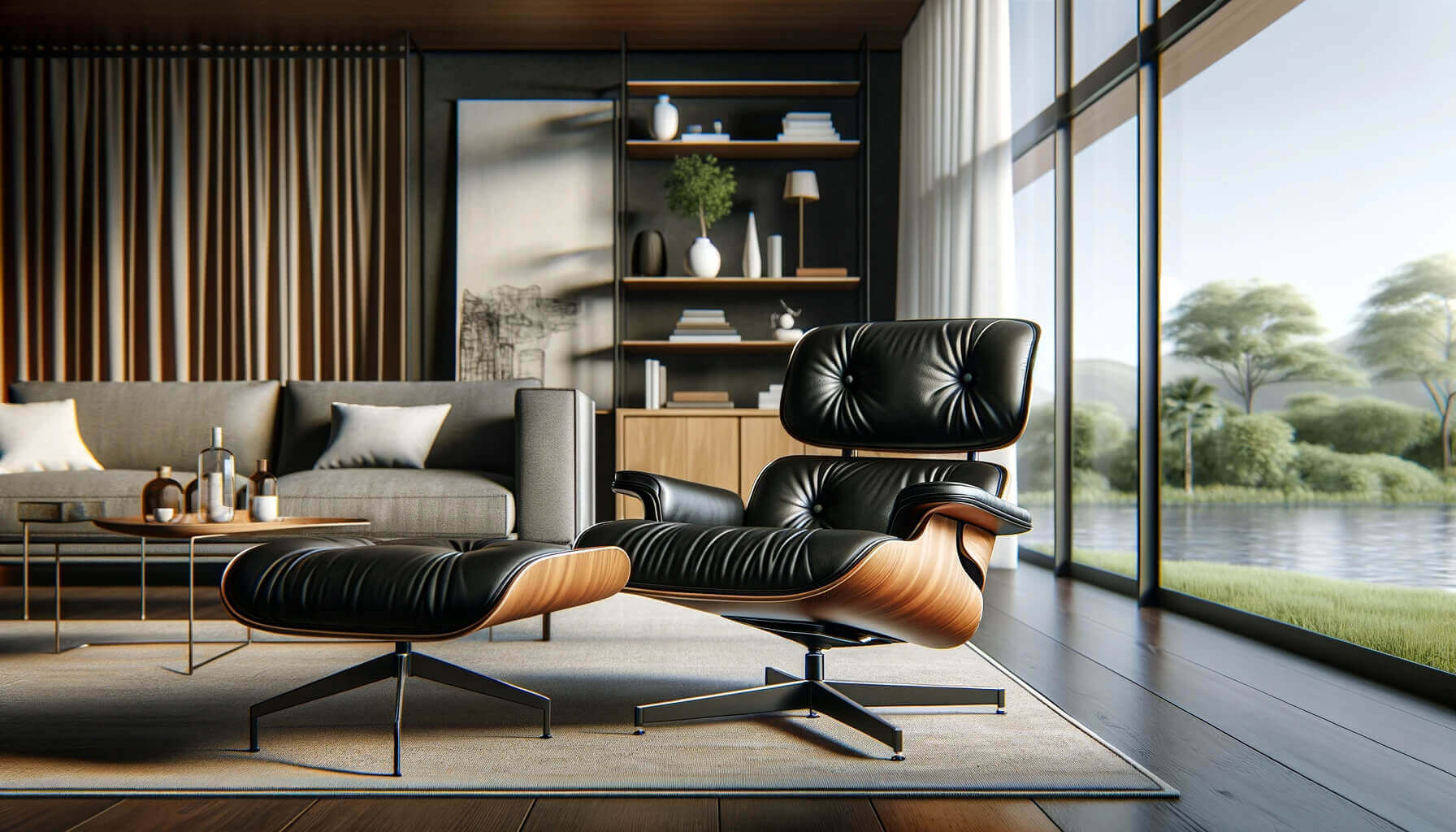 Nowoczesny salon z klasycznym czarnym fotel Eames Lounge Chair z profilowaną sklejką.