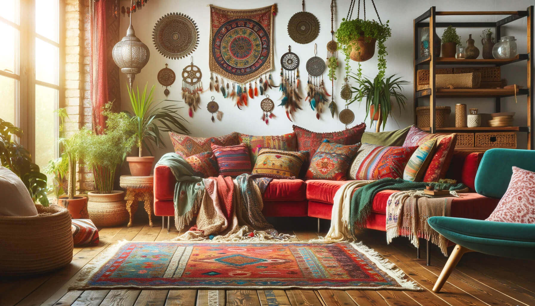 ujęcie salonu boho z żywą czerwoną sofą i bogatymi akcesoriami