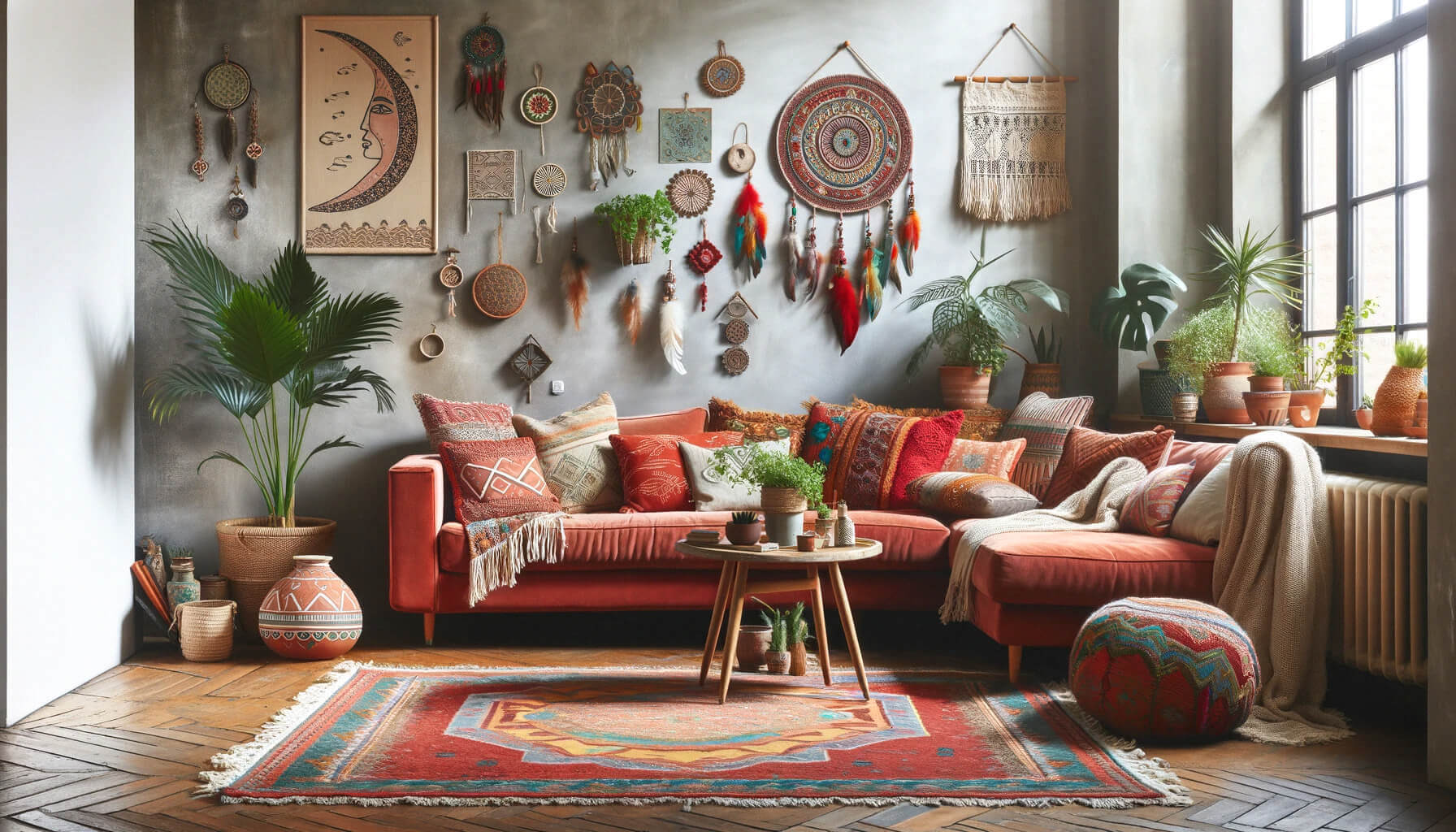 Zdjęcie panoramiczne salonu w stylu boho chic z czerwonym narożnikiem i kolorowymi dodatkami