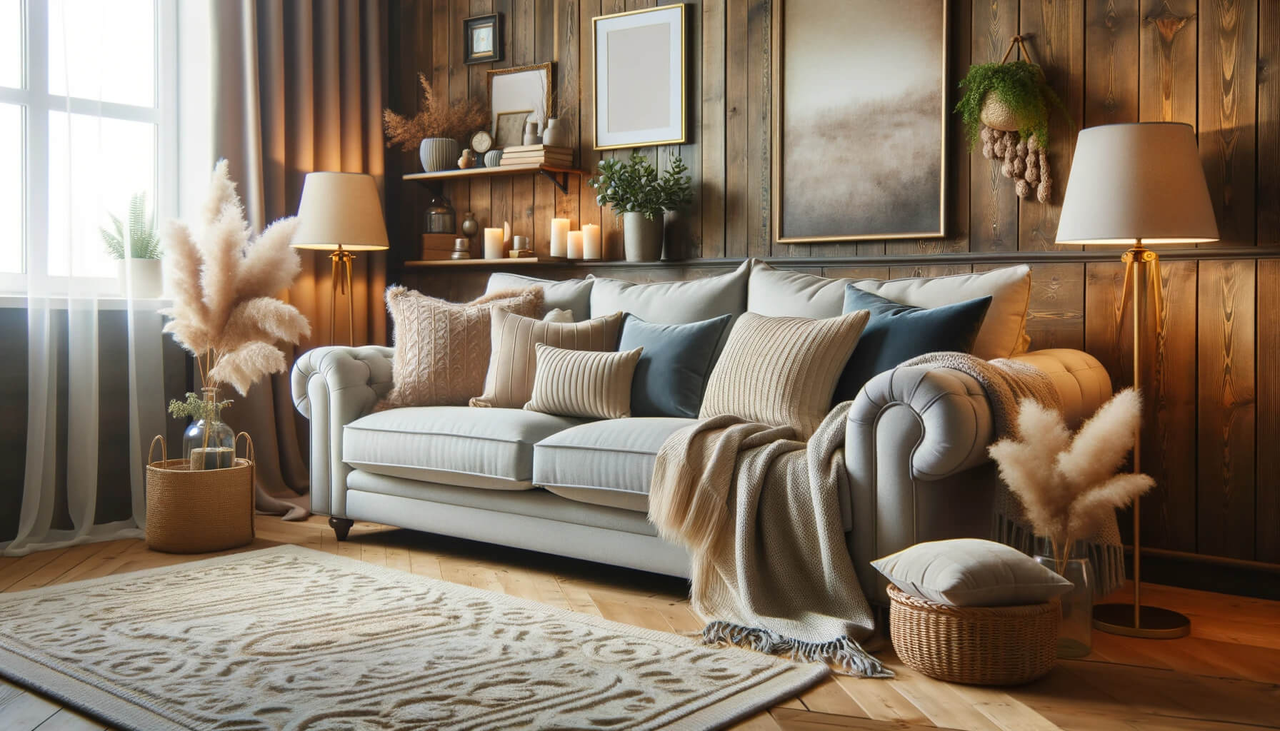 Przytulna sofa w salonie z dopasowanymi poduszkami i narzutami.