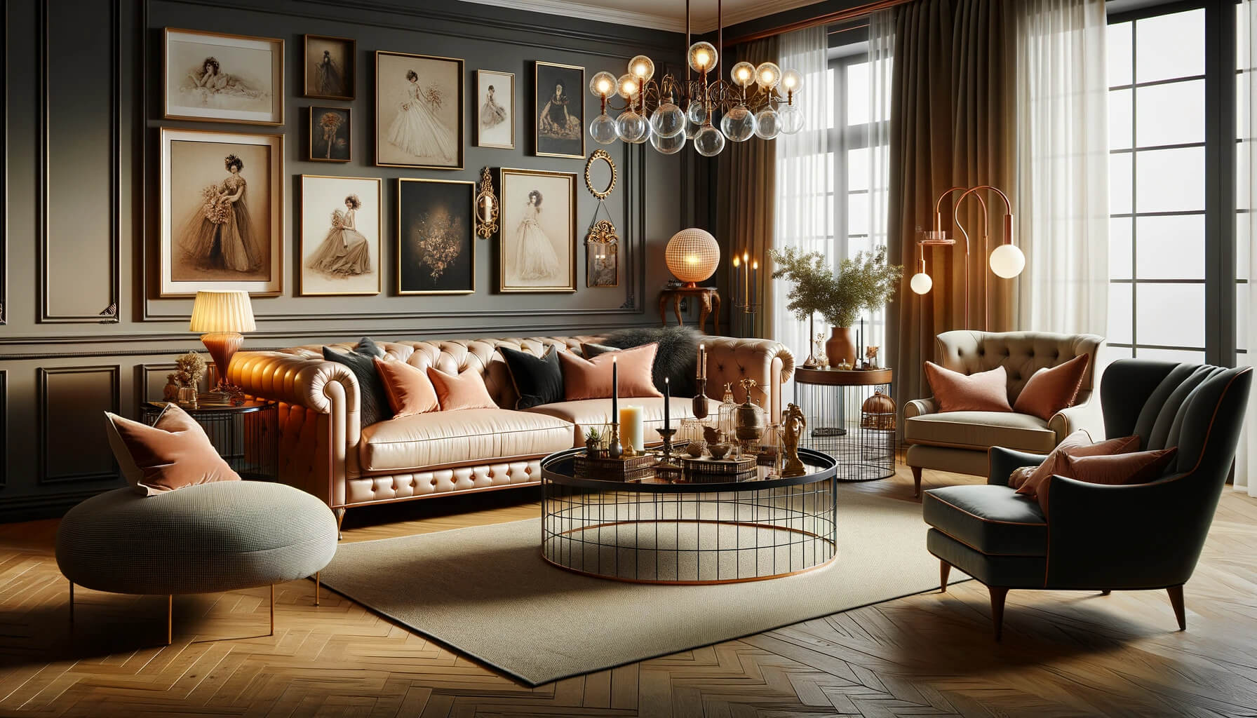 Stylowy salon prezentujący różnorodność stylów sof, od uroku vintage do elegancji glamour.