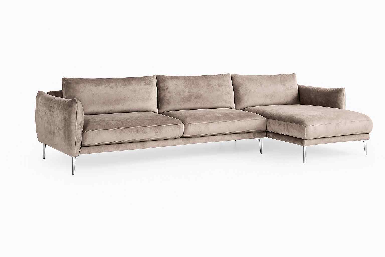 Nowoczesna narożna sofa o minimalistycznym designie, bez zagłówków.