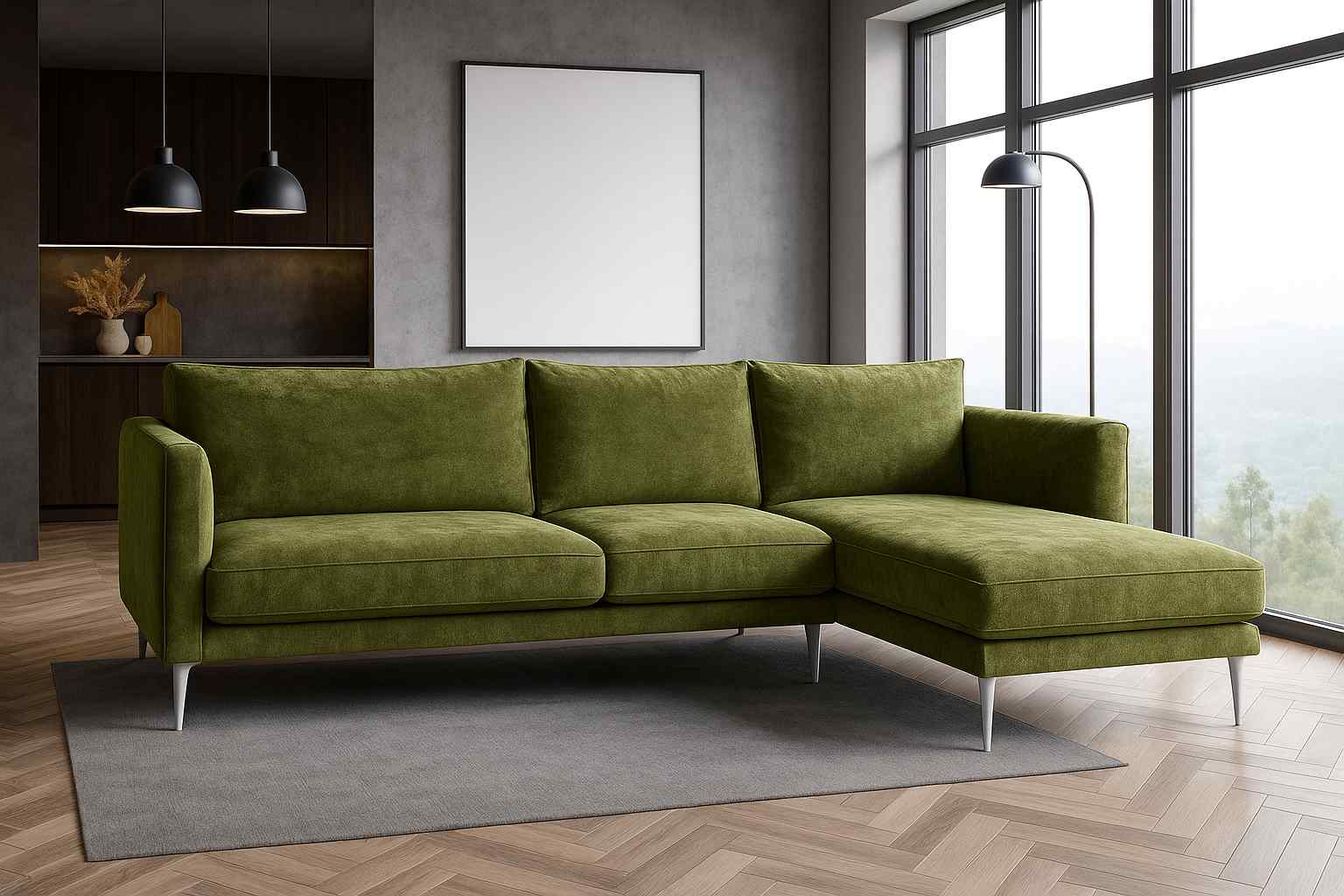 Narożnik charakteryzujący się minimalistycznym designem, bez zagłówków.