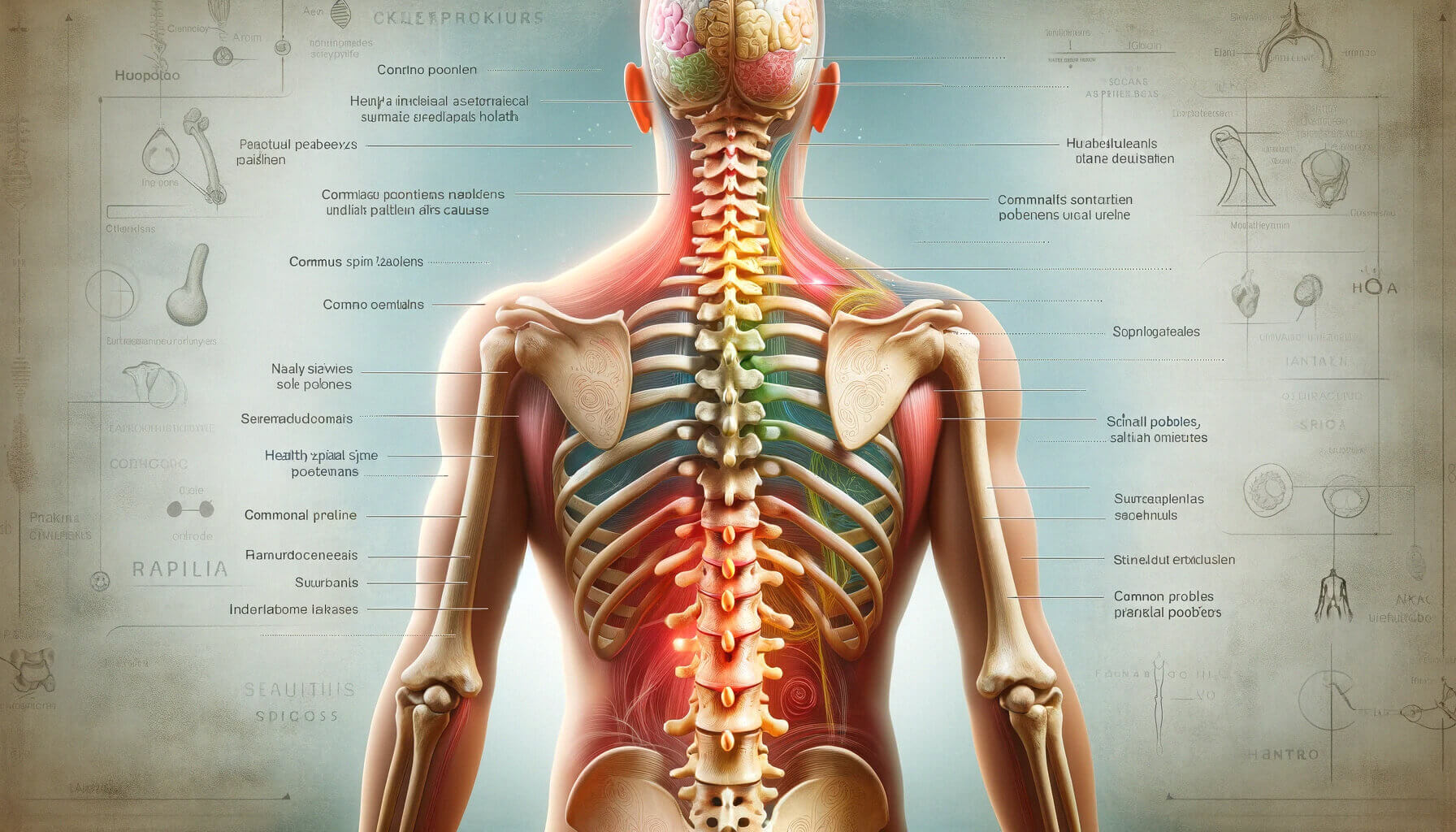 Edukacyjna ilustracja podkreślająca znaczenie zdrowia kręgosłupa, przedstawiająca ludzki kręgosłup z adnotacjami wskazującymi na typowe problemy i ich przyczyny