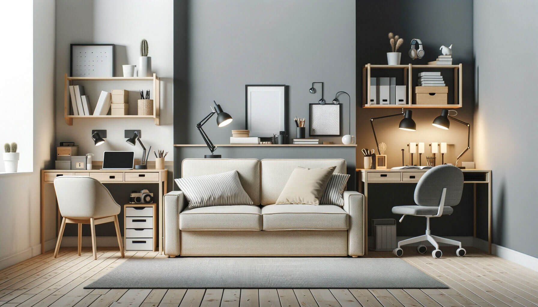 Stylowa rozkładana sofa wkomponowana w nowoczesne biuro lub domowe miejsce do pracy