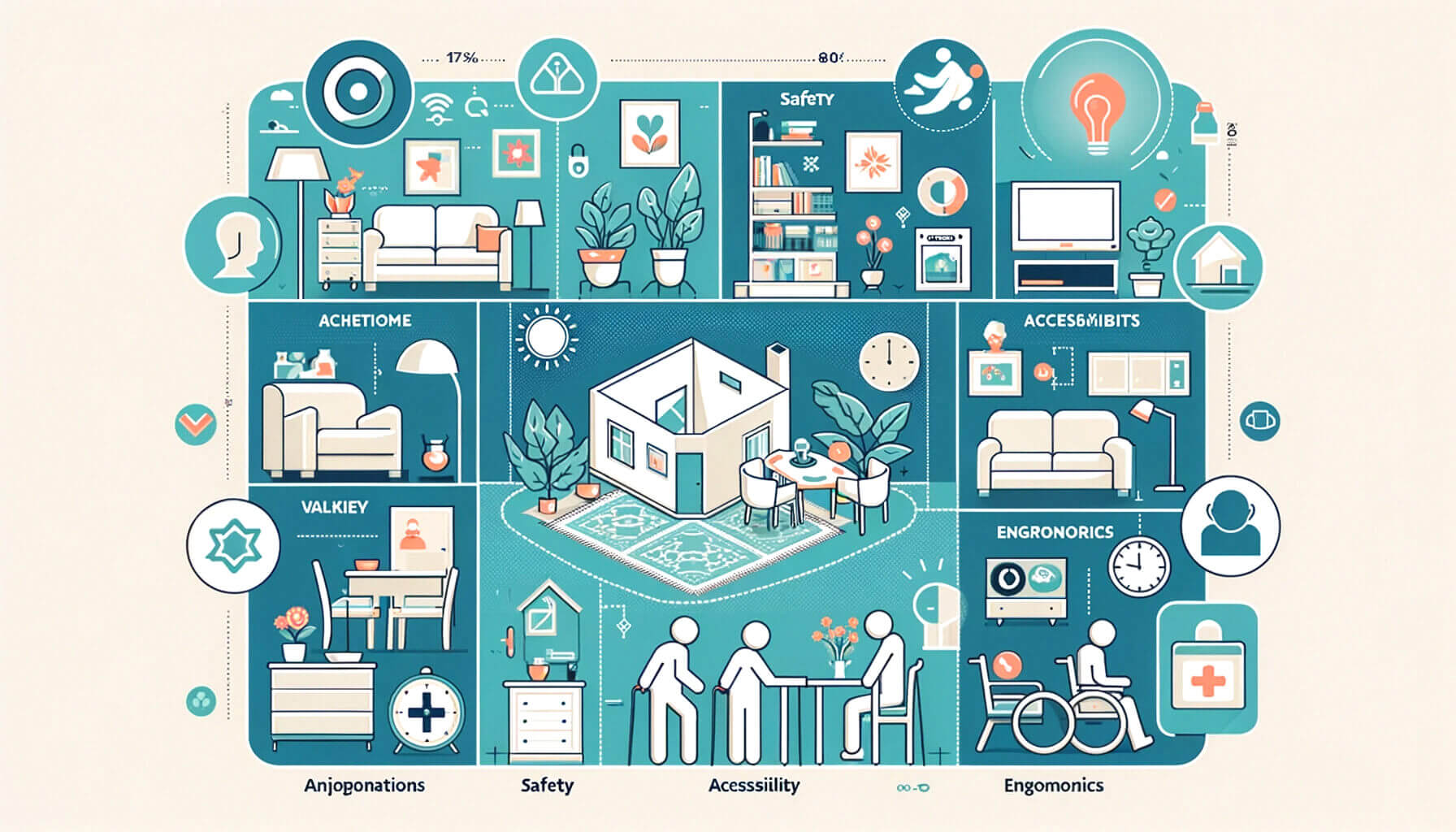 Grafika informacyjna podkreślająca znaczenie dostosowywania przestrzeni życiowej dla seniorów, z naciskiem na bezpieczeństwo, dostępność, komfort i ergonomię
