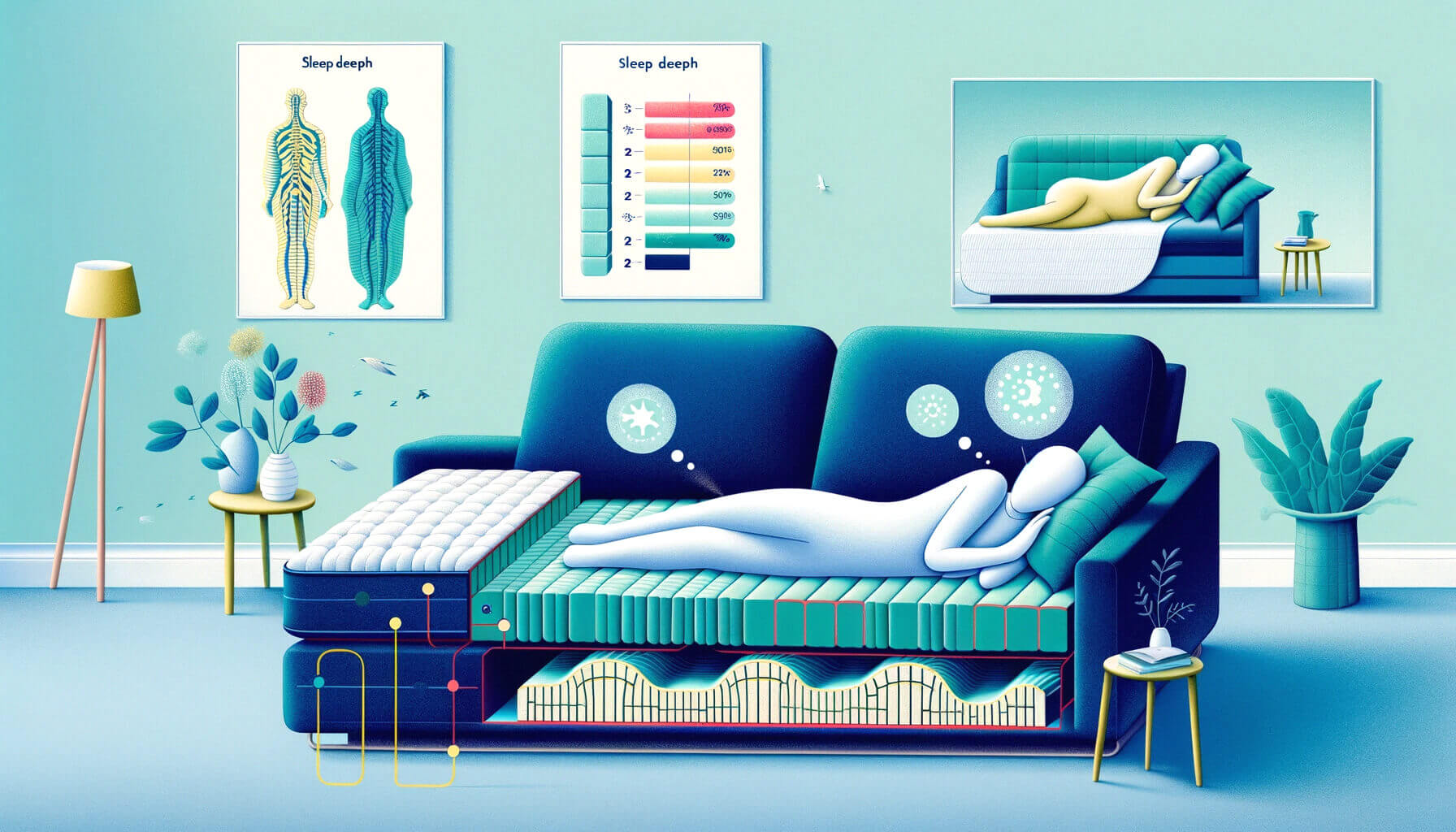Ilustracja porównująca materace o różnej twardości w sofach rozkładanych i ich wpływ na głębokość snu.